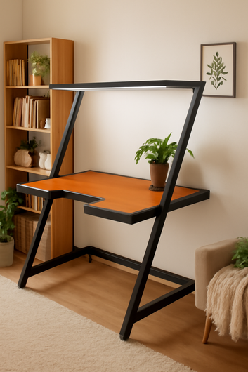 Modern Z-Frame Computer Desk, Wood-Finished Top, Home Office Work Station with Cable Management