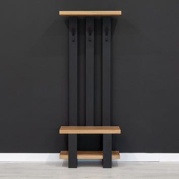 Modern Entryway Coat Rack with Bench, Black metal Frame with Solid Wood Shelves, Wall-Mounted Storage Unit, 180x80x35 cm