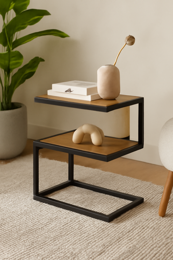 S-Shaped Bedside Table, Modern Wooden and Metal Nightstand with 2 Shelves, Black Frame