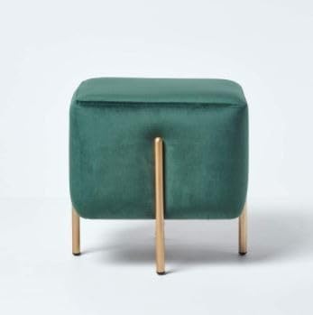 Modern Ottoman, Emerald Green Velvet, 42x42x42 cm, Gold Metal Legs, Cubic Design, Plush Cushioned Footrest Seat