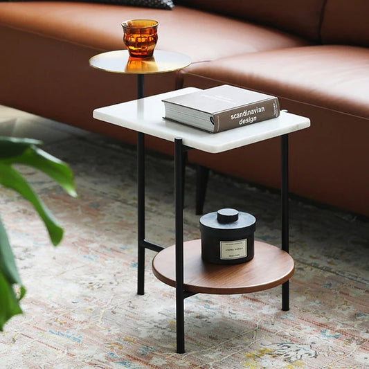 Modern 3-Tier End Table, White Marble Top, Gold Metal Disc, Walnut Wood Shelf, Black Frame