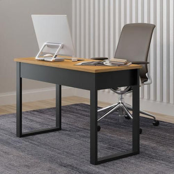 Modern Writing Desk with Metal Frame, 118 x 53 x 75 cm, Wood-Finish Top, Black