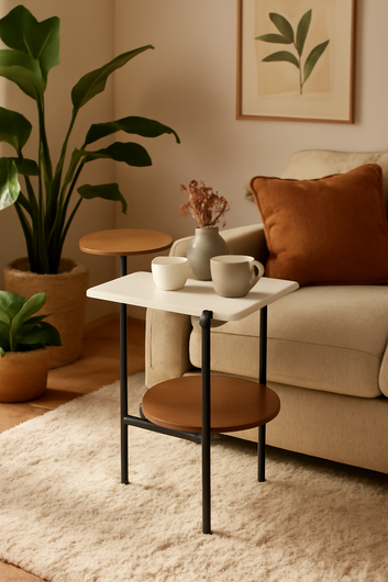 Modern 3-Tier End Table, White Marble Top, Gold Metal Disc, Walnut Wood Shelf, Black Frame