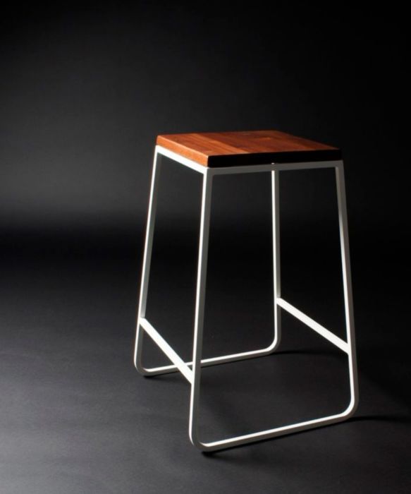 Modern Bar Stool, White Steel Frame with Hardwood Seat, 30 Inch Height, Industrial Minimalist Design for Kitchen, Restaurant, Cafe