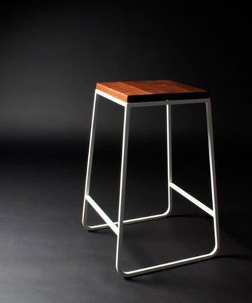 Modern Bar Stool, White Steel Frame with Hardwood Seat, 30 Inch Height, Industrial Minimalist Design for Kitchen, Restaurant, Cafe