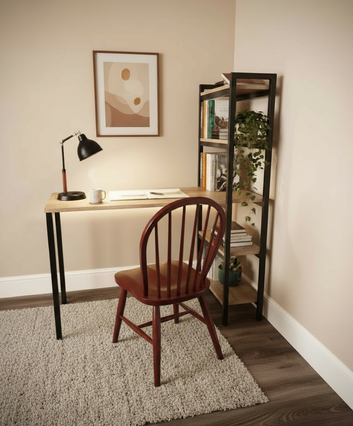 Mead Industrial Desk with 4-Tier Bookshelf, Wooden Top with Black Metal Frame, Home Office Study Table