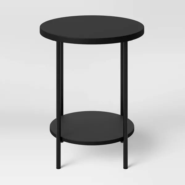 Modern Round Side Table with Storage Shelf, 2-Tier Metal Frame, Full Black