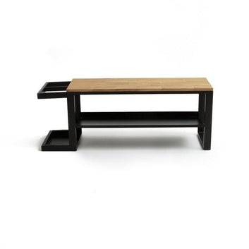 Industrial Shoe Storage Bench with Umbrella Stand, Black Metal Frame with Wood Top, 95x40x30 cm, Entryway Organizer with Lower Shelf