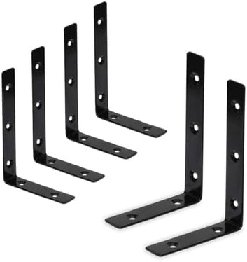 Shaped Corner Brackets, 15.2 cm x 10.2 cm, Heavy Duty Metal Wall Mounting Brackets with Screws, Black (6)