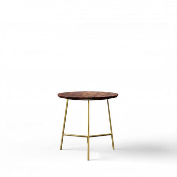 Modern Round Side Table, 45.7 cm Diameter, Walnut Wood Top with Gold Metal Base, 45.7 cm Height