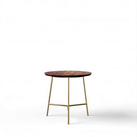 Modern Round Side Table, 45.7 cm Diameter, Walnut Wood Top with Gold Metal Base, 45.7 cm Height