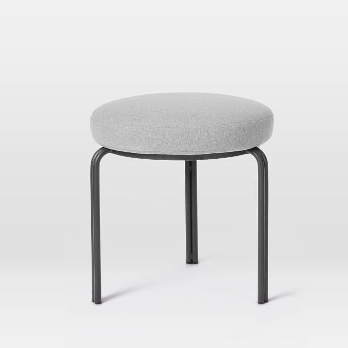 Modern Round Ottoman Stool, Grey Fabric Upholstered Seat with Black Metal Legs, Minimalist Design for Living Room, Bedroom, Office