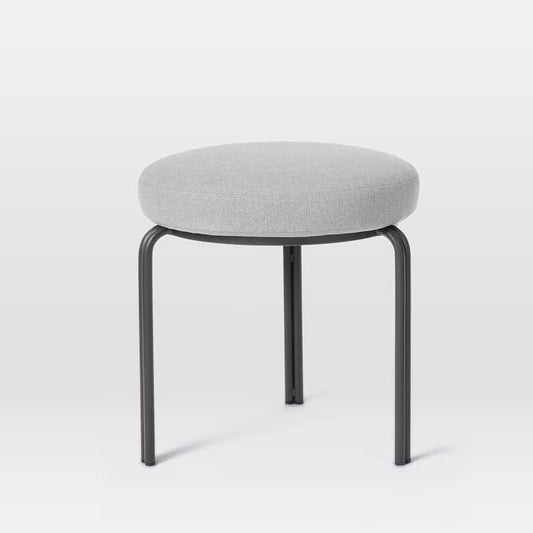 Modern Round Ottoman Stool, Grey Fabric Upholstered Seat with Black Metal Legs, Minimalist Design for Living Room, Bedroom, Office