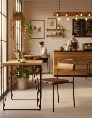 Modern Dining Chair, Brown Faux Leather Seat, Black Metal Frame, Contemporary Style, 80x44x50 cm