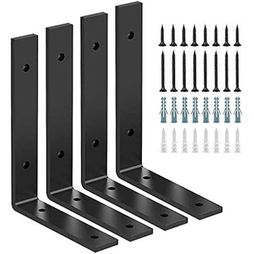 L Shaped Corner Brackets, 15.2 cm x 10.2 cm, Heavy Duty Metal Wall Mounting Brackets with Screws, Black