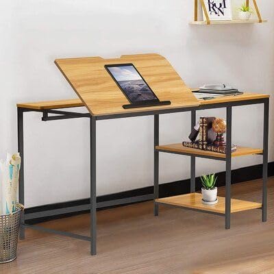 Drawing Desk with Tilt Top, 140 cm Wide, Dual Surface Design, Storage Shelves, Black Metal Frame