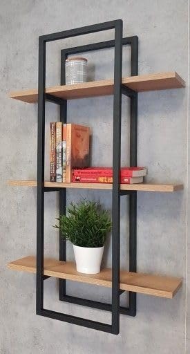 Modern Wall-Mounted Shelf, Black Metal Frame with Wood Shelves, 3-Tier Display Unit, 100x30x18 cm, Contemporary Geometric Design