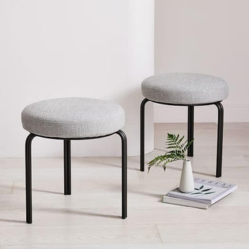 Modern Round Ottoman Stool, Grey Fabric Upholstered Seat with Black Metal Legs, Minimalist Design for Living Room, Bedroom, Office