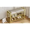 Modern Entryway Shoe Storage Bench with Cushion, Gold Metal Frame, 3-Tier Rack, Grey Padded Seat, 23.6x12.5x20.4 Inches