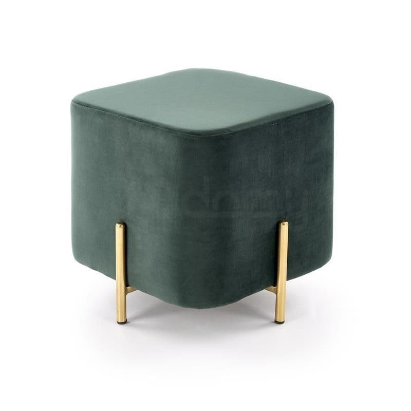 Modern Ottoman, Emerald Green Velvet, 42x42x42 cm, Gold Metal Legs, Cubic Design, Plush Cushioned Footrest Seat