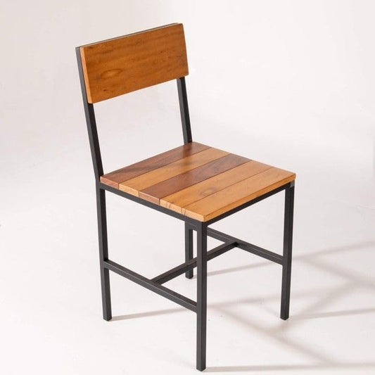 Modern Industrial Dining Chair, Natural Wood with Black Metal Frame, Ergonomic Design, 32 Inch Height, Indoor Use, Hotel, Cafe, Office, and Restaurant Style