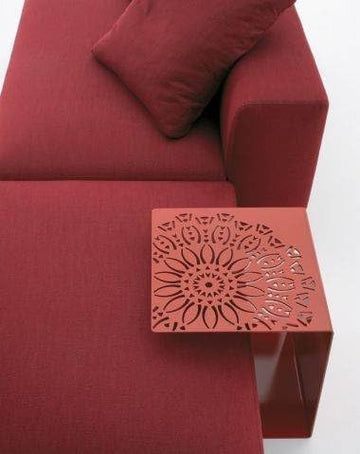 Metal Side Table with Laser Cut Design, 45x38x38 cm, White/Red/Black