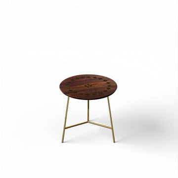 Modern Round Side Table, 45.7 cm Diameter, Walnut Wood Top with Gold Metal Base, 45.7 cm Height