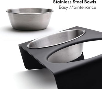 Elevated Double Pet Feeding Bowl, Stainless Steel Bowls with Black Metal Stand, Modern Design for Dogs and Cats