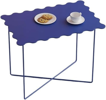 Modern Coffee Table, Blue Metal Frame, Unique Wave Design, 60W x 40D x 50H cm