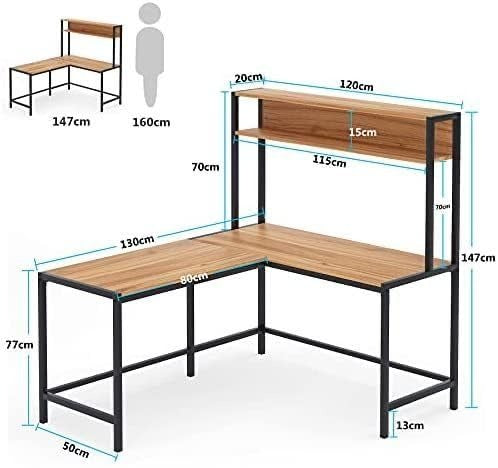 L-Shaped Computer Desk with Storage Shelf, 147x130x70 cm, Industrial Corner Workstation, Wooden Top with Metal Frame
