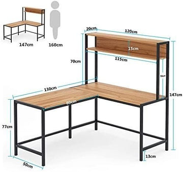 L-Shaped Computer Desk with Storage Shelf, 147x130x70 cm, Industrial Corner Workstation, Wooden Top with Metal Frame