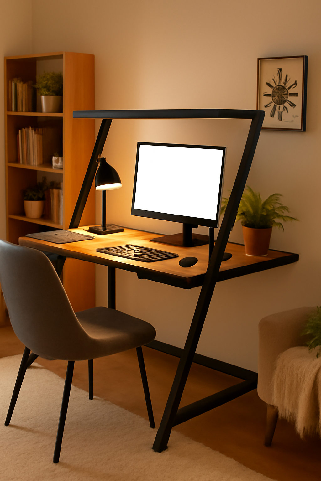 Modern Z-Frame Computer Desk, Wood-Finished Top, Home Office Work Station with Cable Management