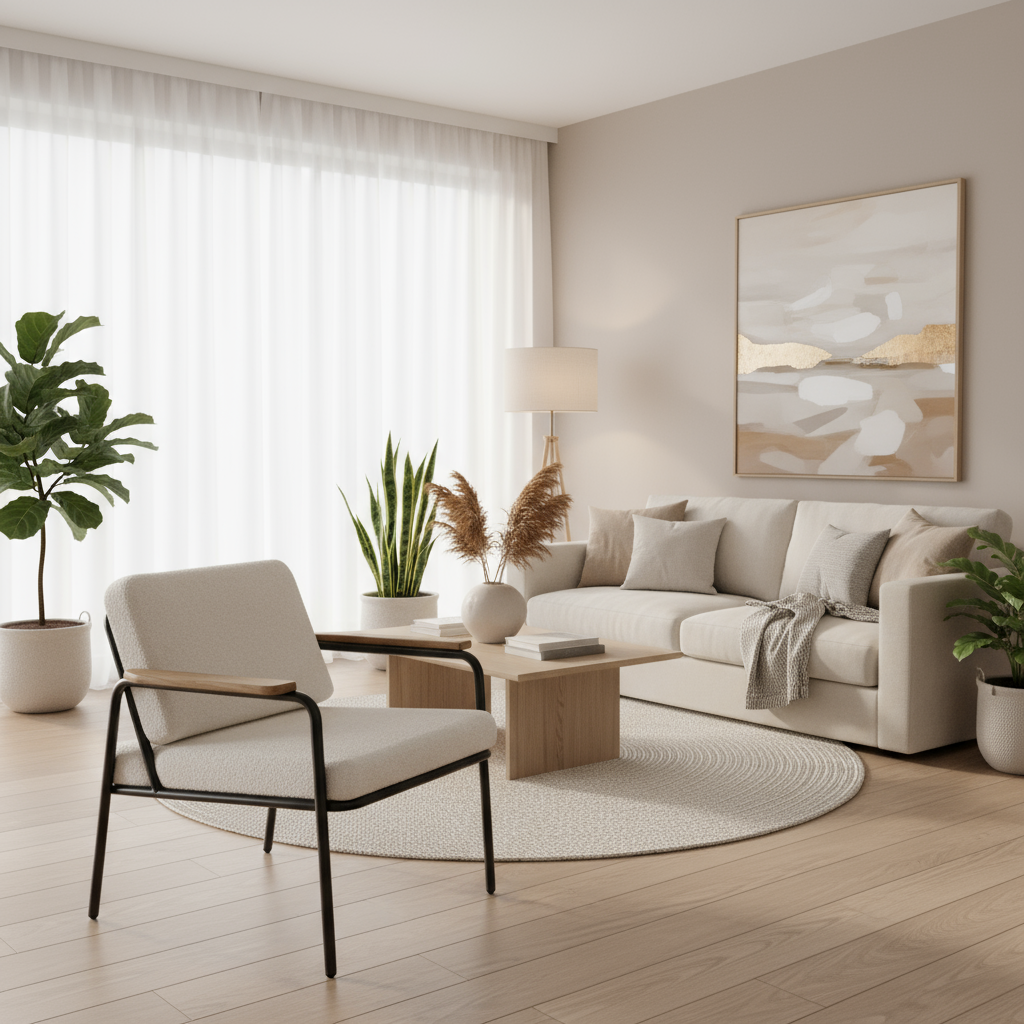 Modern Lounge Chair, Black Steel Frame with Wooden Armrests, Cream Upholstered Cushions, Contemporary Minimalist Design, 78x76x70 cm