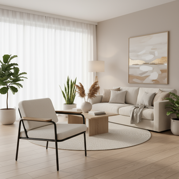 Modern Lounge Chair, Black Steel Frame with Wooden Armrests, Cream Upholstered Cushions, Contemporary Minimalist Design, 78x76x70 cm