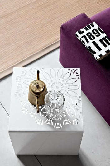 Metal Side Table with Laser Cut Design, 45x38x38 cm, White/Red/Black