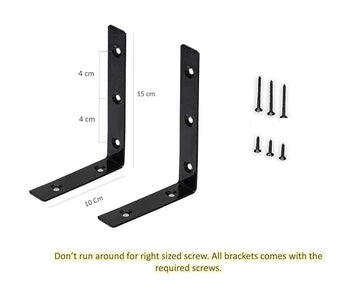 L Shaped Corner Brackets, 15.2 cm x 10.2 cm, Heavy Duty Metal Wall Mounting Brackets with Screws, Black