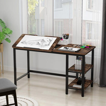 Drawing Desk with Tilt Top, 140 cm Wide, Dual Surface Design, Storage Shelves, Black Metal Frame