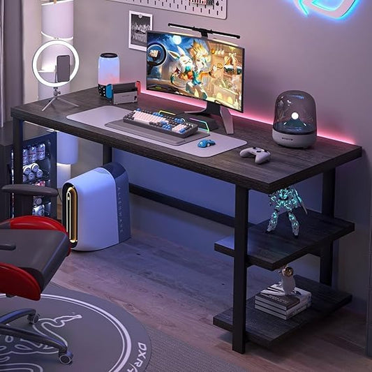 Computer Desk with Storage Shelves, 53 x 23.6 Inch Large Office Table, Grey Wood Top, Black Metal Frame, Industrial Style