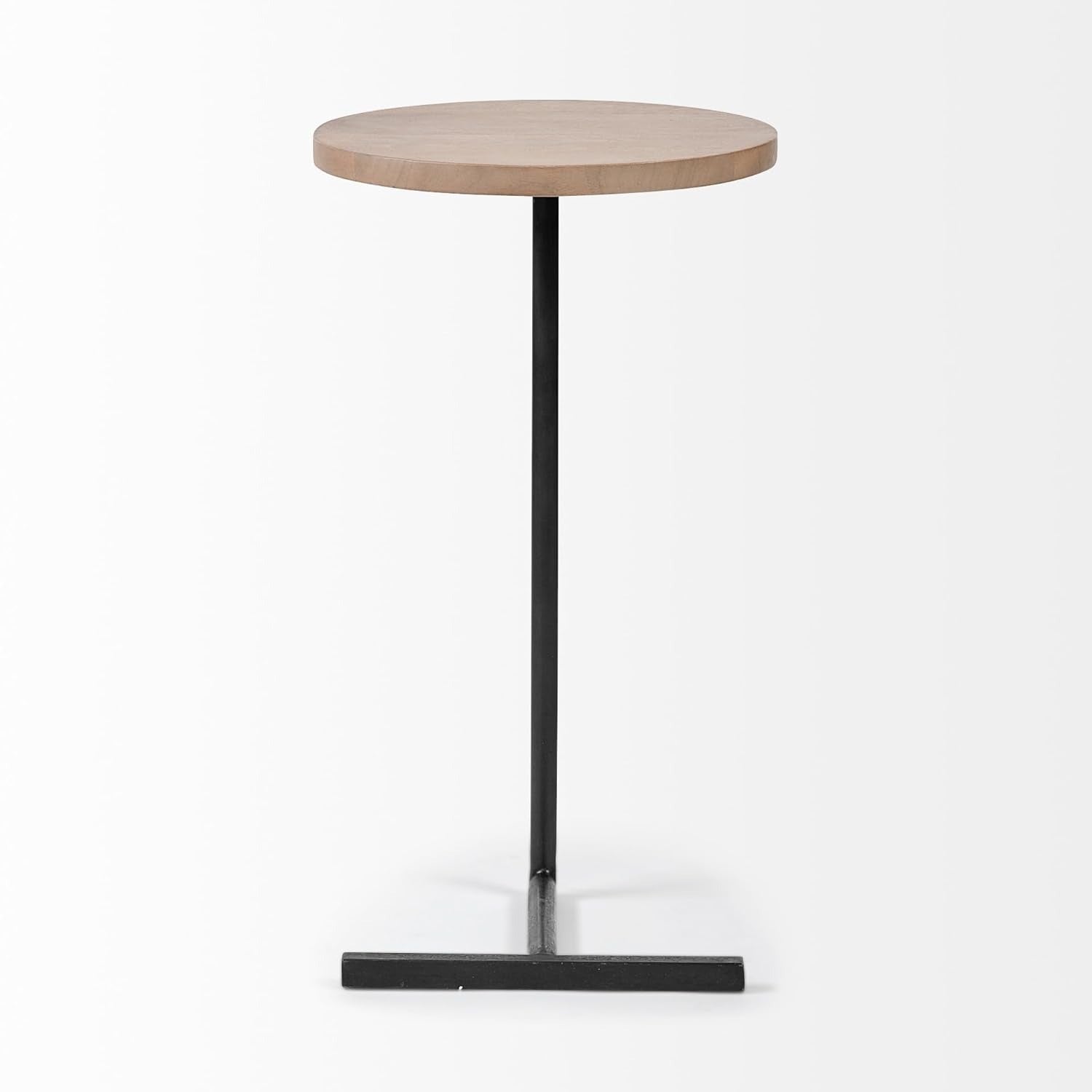 Modern Round Side Table, Wooden Top with Black Metal Base, C-Shaped Pedestal Design