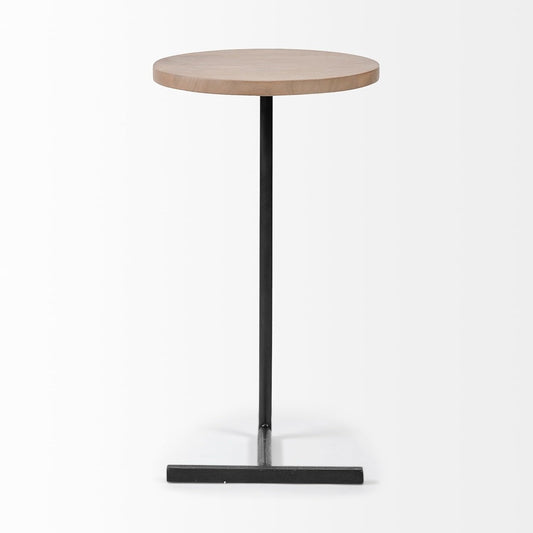 Modern Round Side Table, Wooden Top with Black Metal Base, C-Shaped Pedestal Design