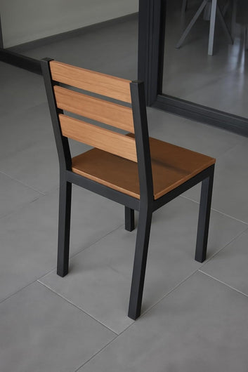 Modern Dining Chair, Black Metal Frame with Wood Slats, Industrial Style