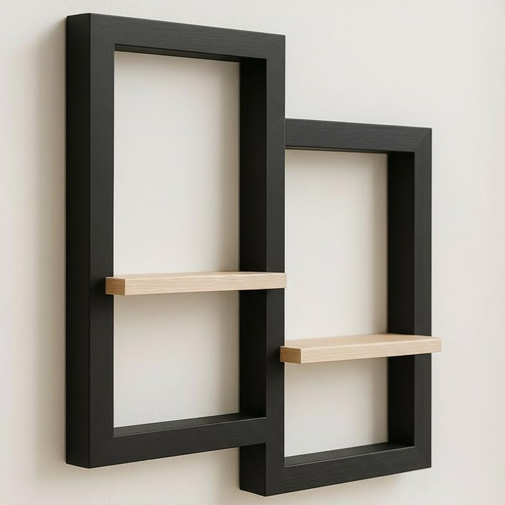 Modern Minimalist Wall Display Shelf, Black Metal Frame with Light Wood Shelves, Contemporary Wall-Mounted Storage Unit, 20x18x4.5 Inches