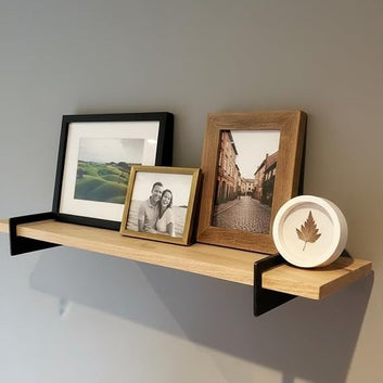 Modern Wooden Wall Shelf with Black Metal Brackets, Display Shelf for Photos and Decor, Natural Wood Finish