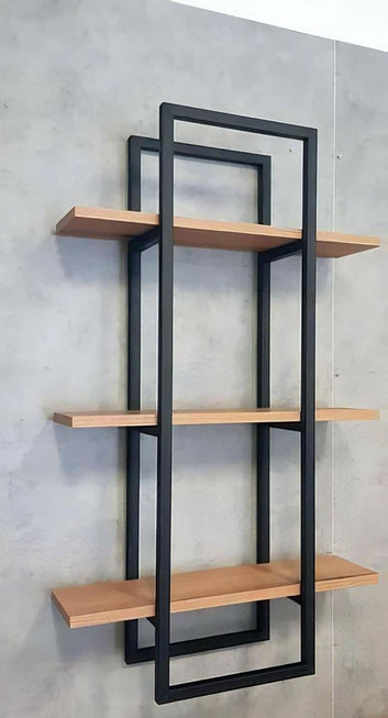 Modern Wall-Mounted Shelf, Black Metal Frame with Wood Shelves, 3-Tier Display Unit, 100x30x18 cm, Contemporary Geometric Design