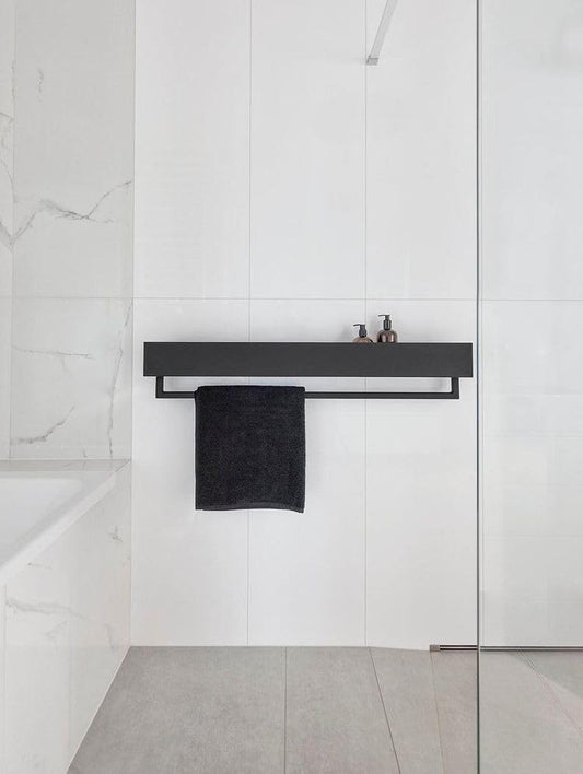 Modern Wall-Mounted Bathroom Shelf, Matte Black Metal, Towel Bar and Storage Shelf