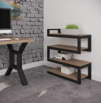 Industrial Metal and Wood Wall Shelf, Black Frame with Natural Wood, 3-Tier Stepped Design, 70x25x55 cm, Modern Storage Display