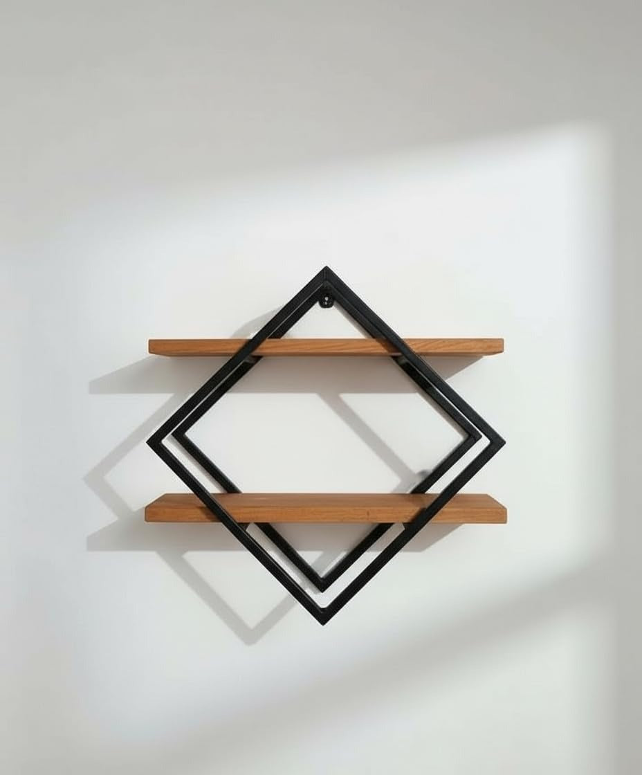 Diamond Frame Wall Shelf, Black Metal with Natural Wood, Modern Geometric Design, 48x40x10 cm, 2-Tier Display Shelf for Living Room, Office