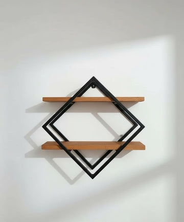 Diamond Frame Wall Shelf, Black Metal with Natural Wood, Modern Geometric Design, 48x40x10 cm, 2-Tier Display Shelf for Living Room, Office