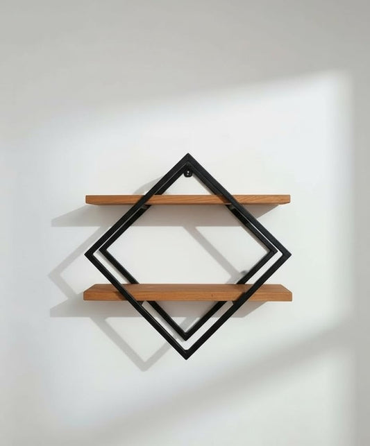 Diamond Frame Wall Shelf, Black Metal with Natural Wood, Modern Geometric Design, 48x40x10 cm, 2-Tier Display Shelf for Living Room, Office