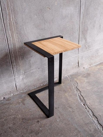 Modern Industrial Side Table, Natural Wood Top with Black Steel Frame, 50 cm Height